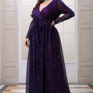 Plus Surplice Neck Glitter Belted Maxi Dress.